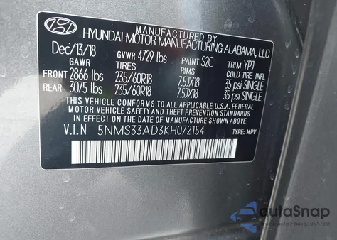 2019 Hyundai Santa Fe Sel Plus z USA, uszkodzony, nr VIN 5NMS33AD3KH072154